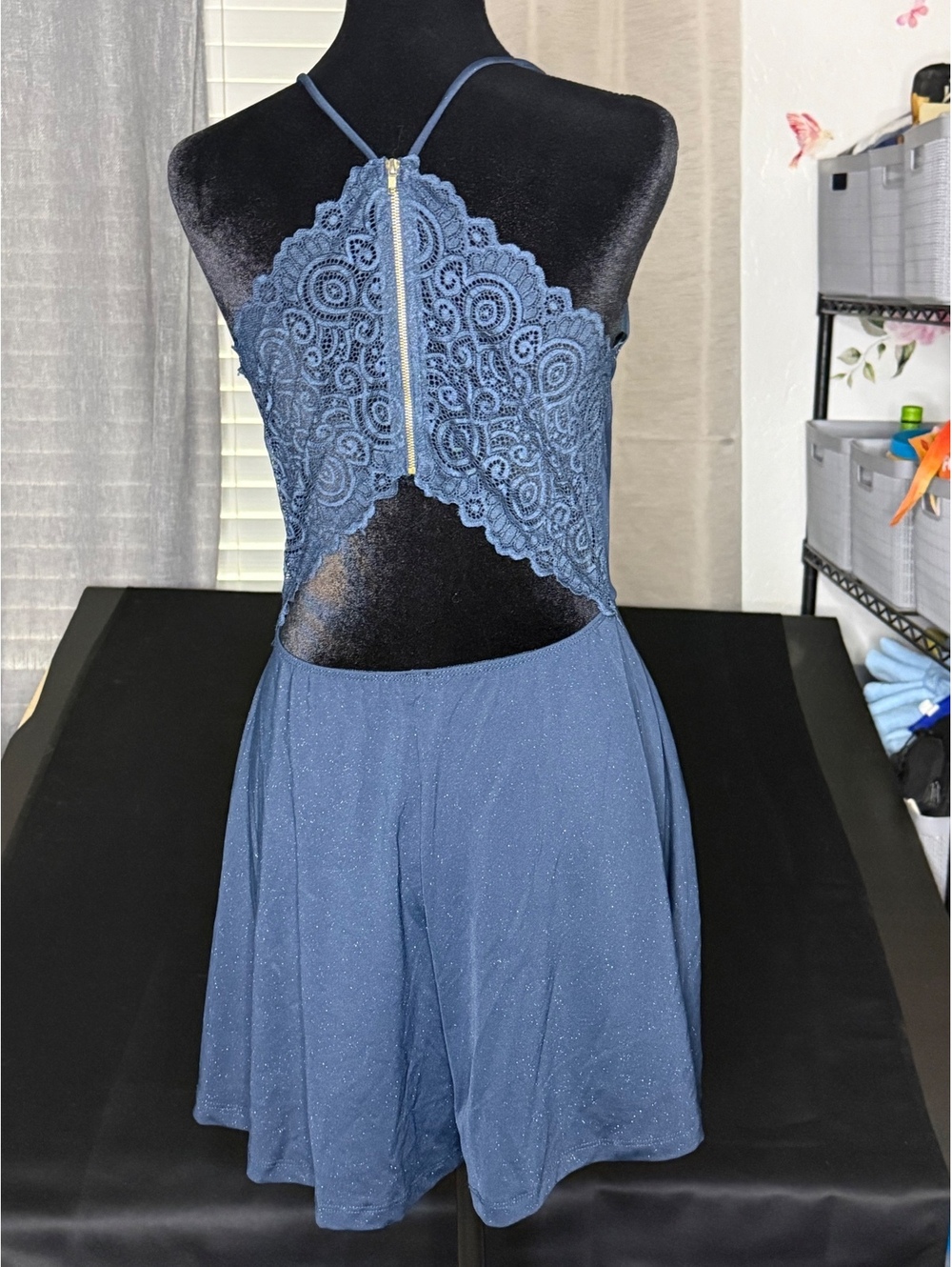 Blue Sleeveless Lace Back Romper with V-Neck - Picture 5 of 8